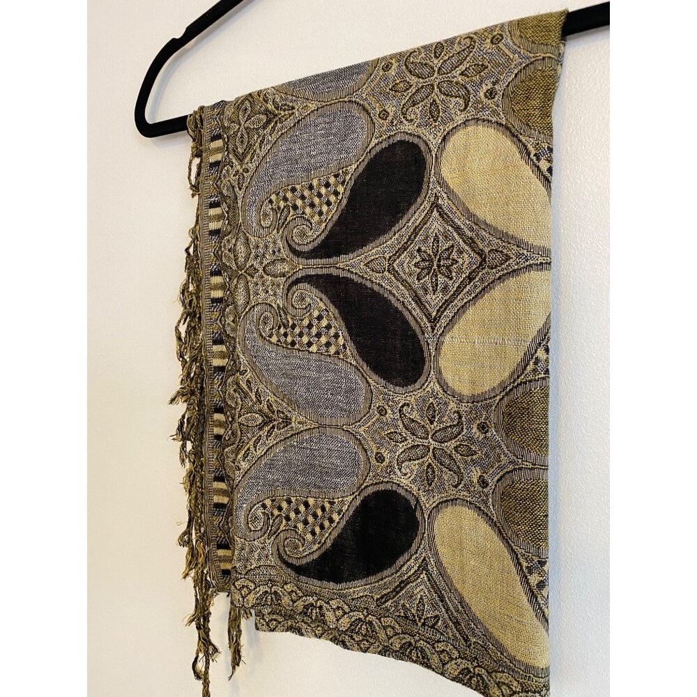 Paisley Pashmina Scarf/Wrap With Fringe - Gold, Black, Green & Cream